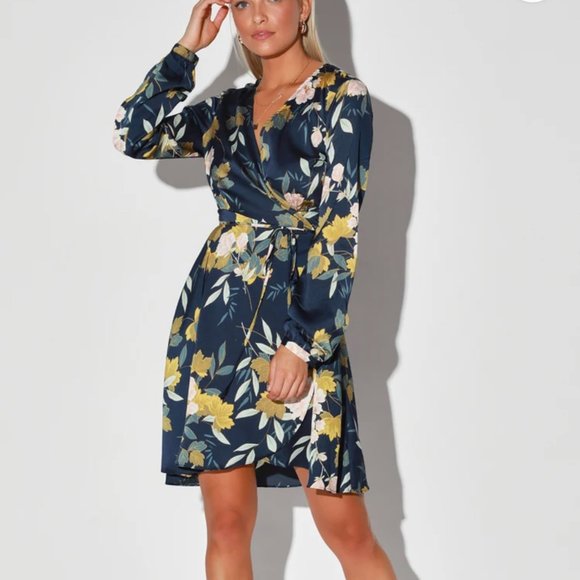 love is life navy blue floral print satin wrap dress Lulu's Love is Life Navy Blue Floral Print Satin Wrap Dress